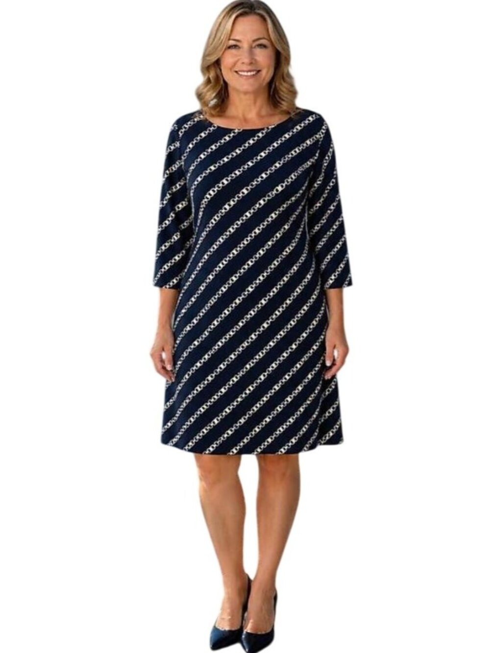 Lauren Ralph Lauren Black Label 14 Chain Print Sheath Dress Navy Jersey Stretch